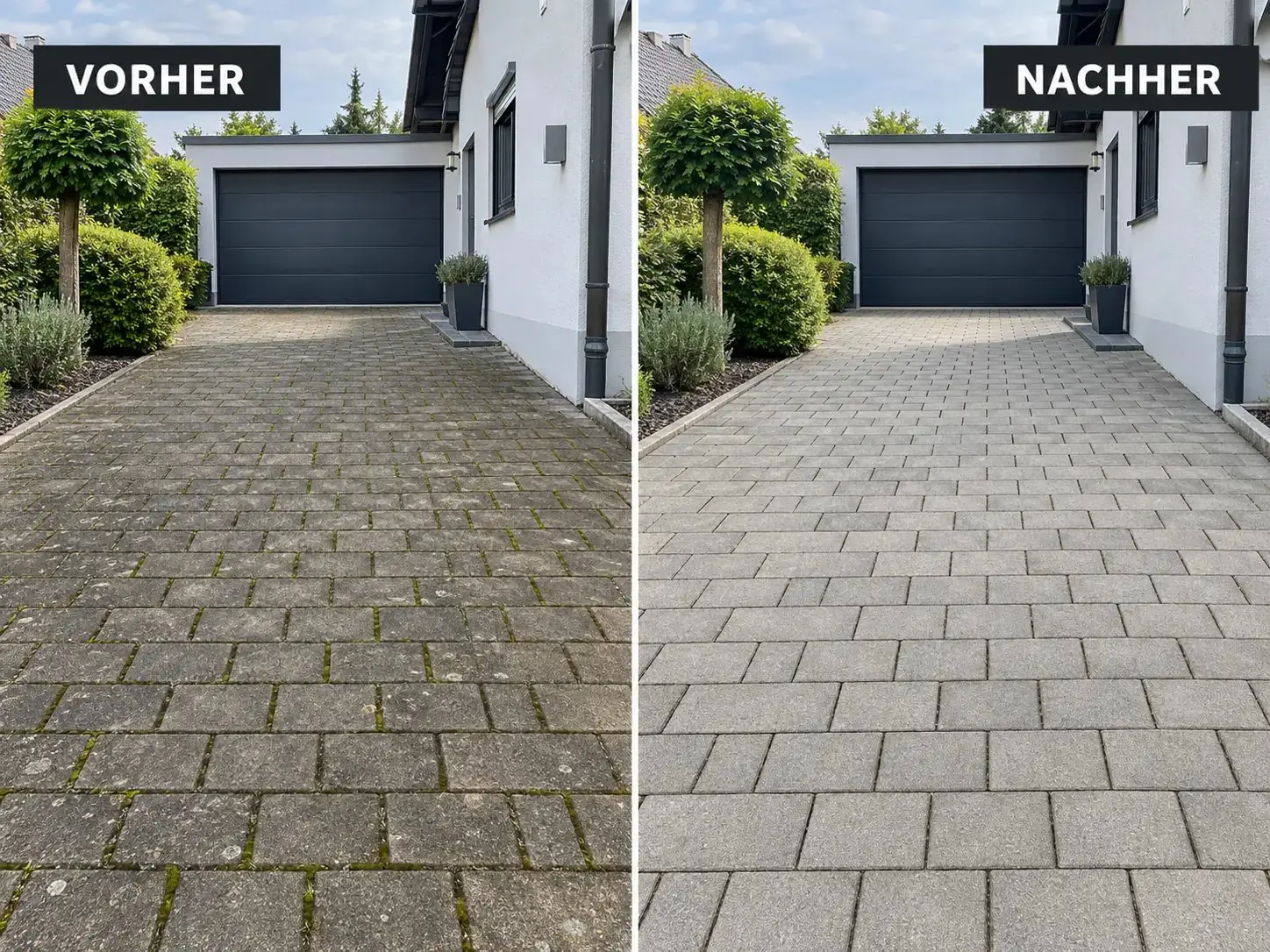Pflastereinfahrt links vor und rechts nach der Reinigung